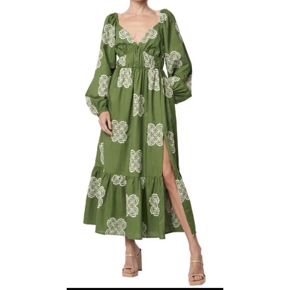 CIEBON Serbita green white Embroidered tiered peasant Dress Size Small Linen